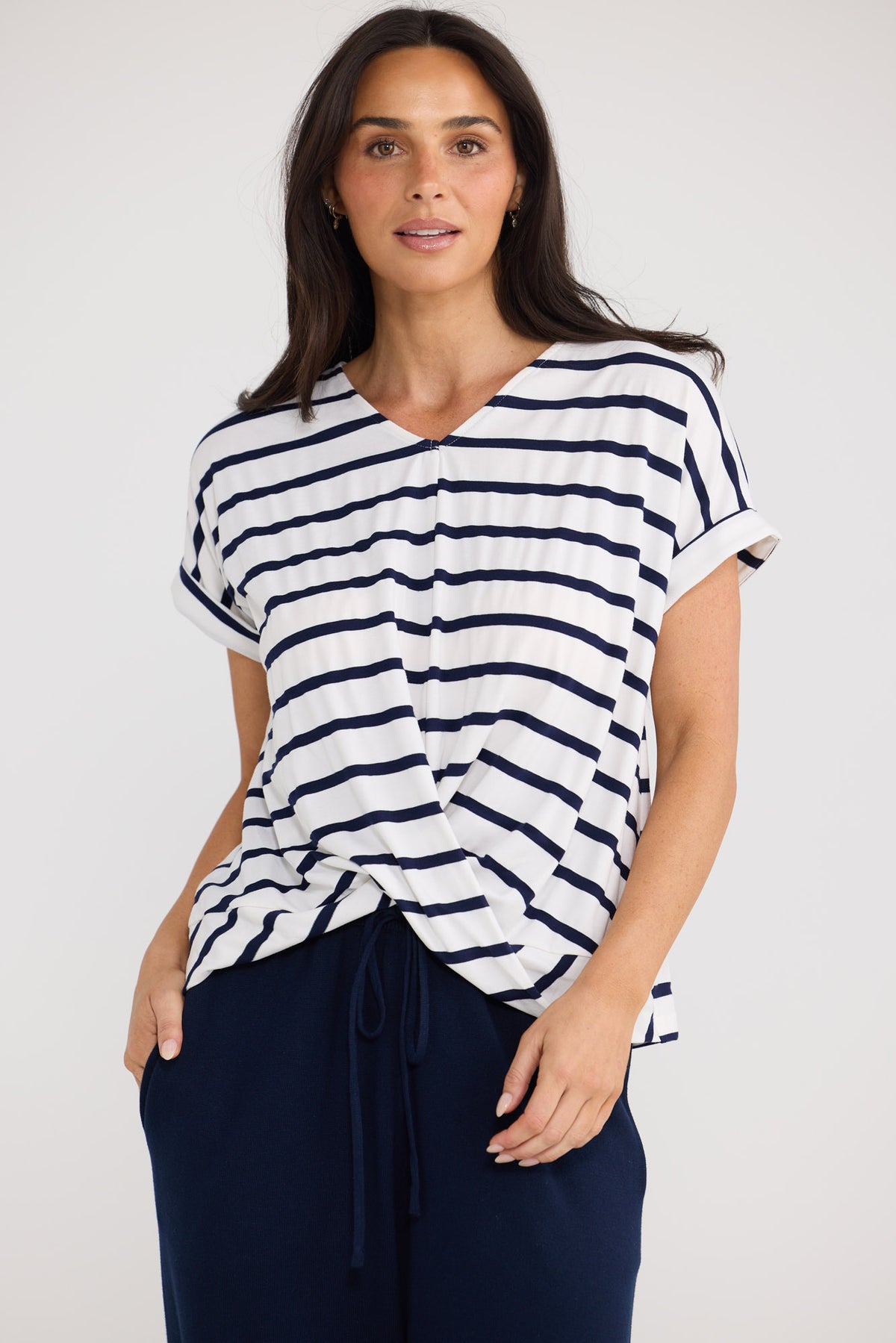 Model wearing Rapture Tee in Navy White Stripe by Brave + True, view 3.