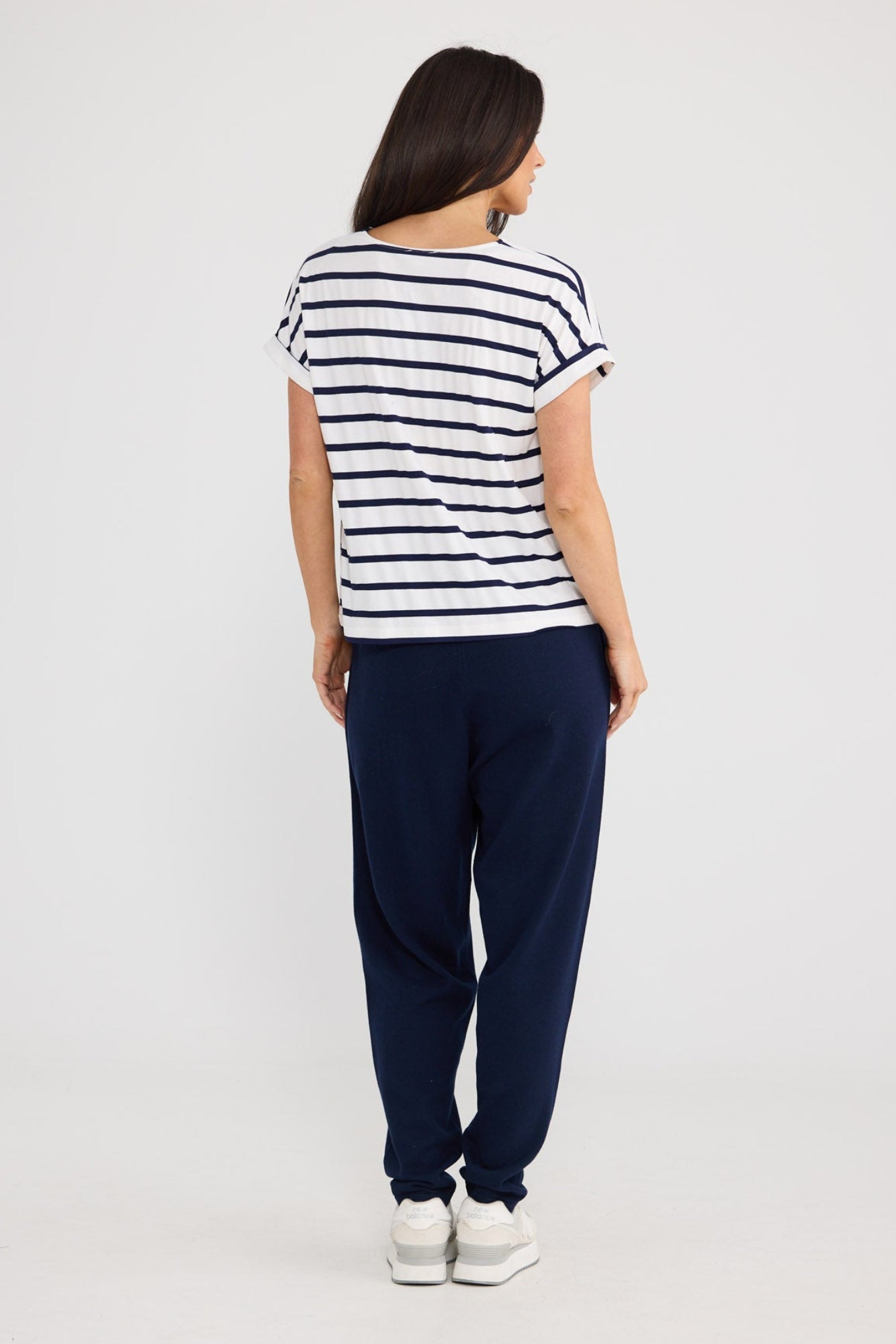 Model wearing Rapture Tee in Navy White Stripe by Brave + True, view 2.