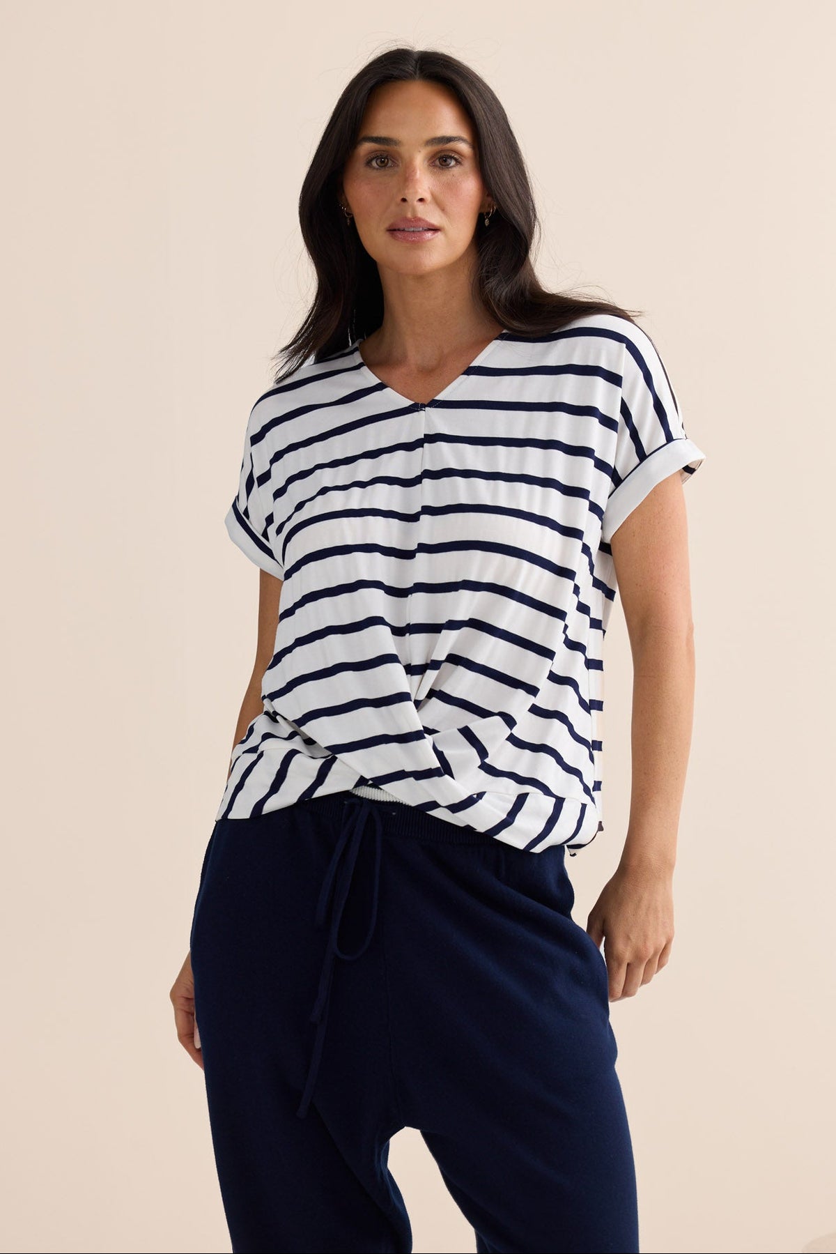 Model styling Rapture Tee in Navy White Stripe by Brave + True, campaign lifestyle look.