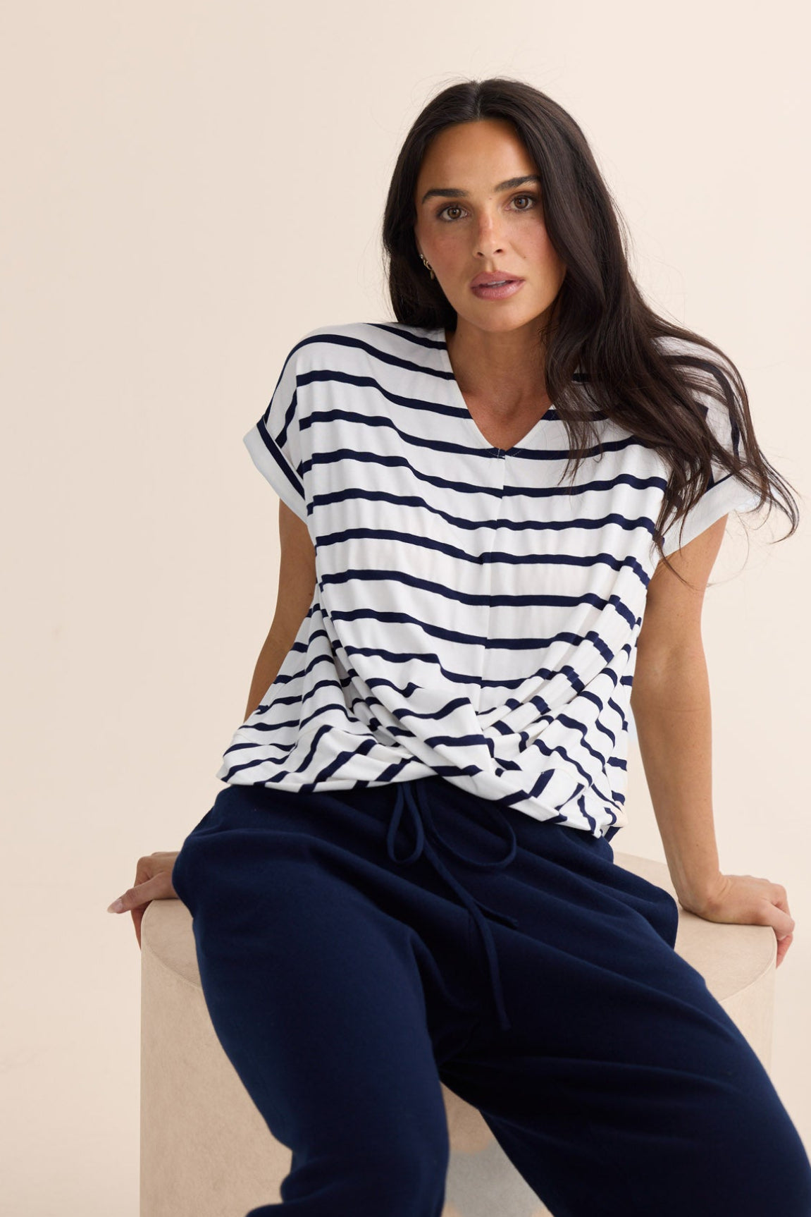 Model styling Rapture Tee in Navy White Stripe by Brave + True, campaign lifestyle look 2.