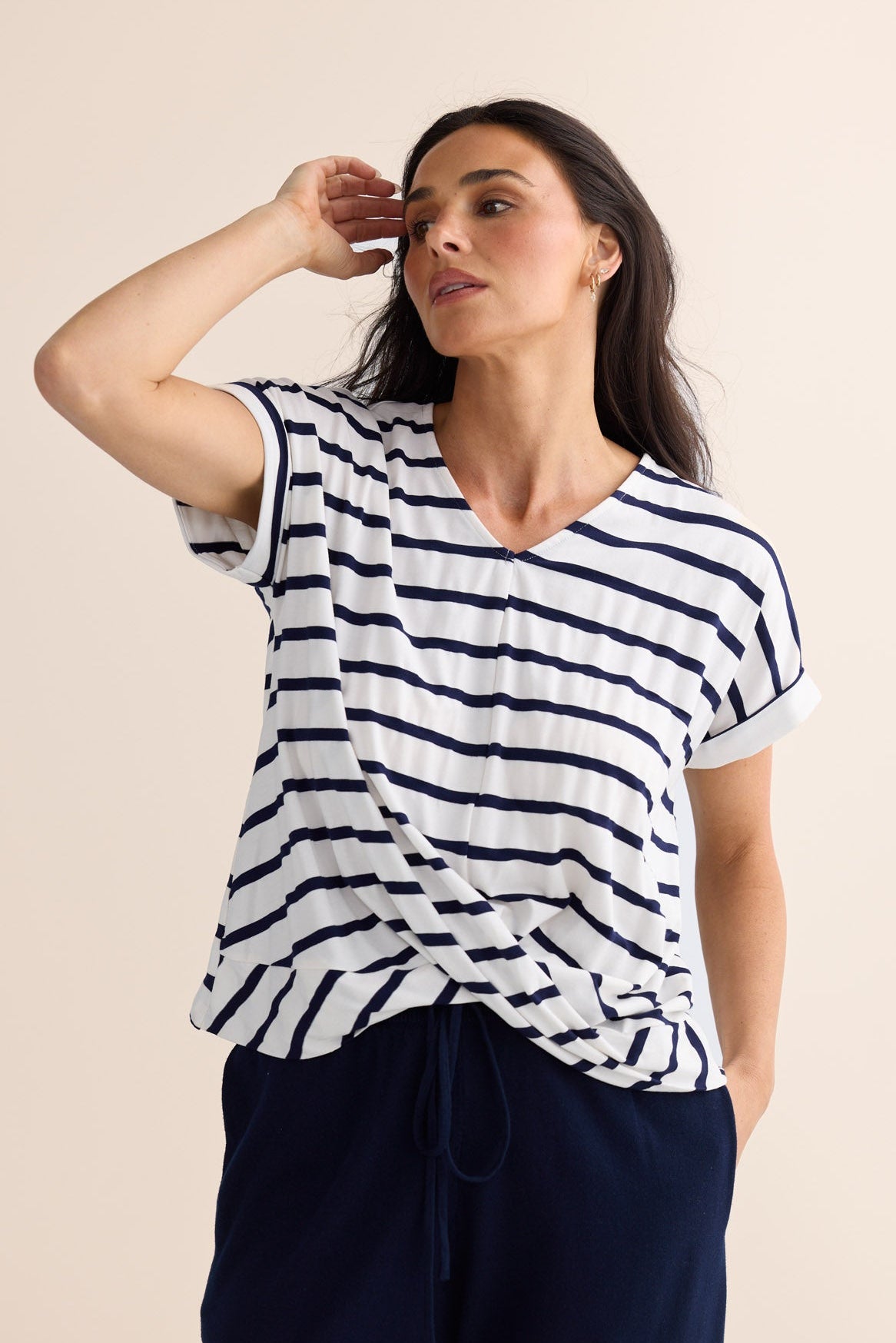 Model styling Rapture Tee in Navy White Stripe by Brave + True, campaign lifestyle look 3.