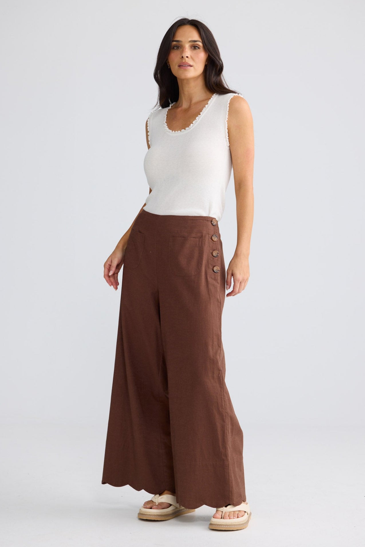 Model wearing Kenzie Pant in Coffee by Brave + True, view 2.