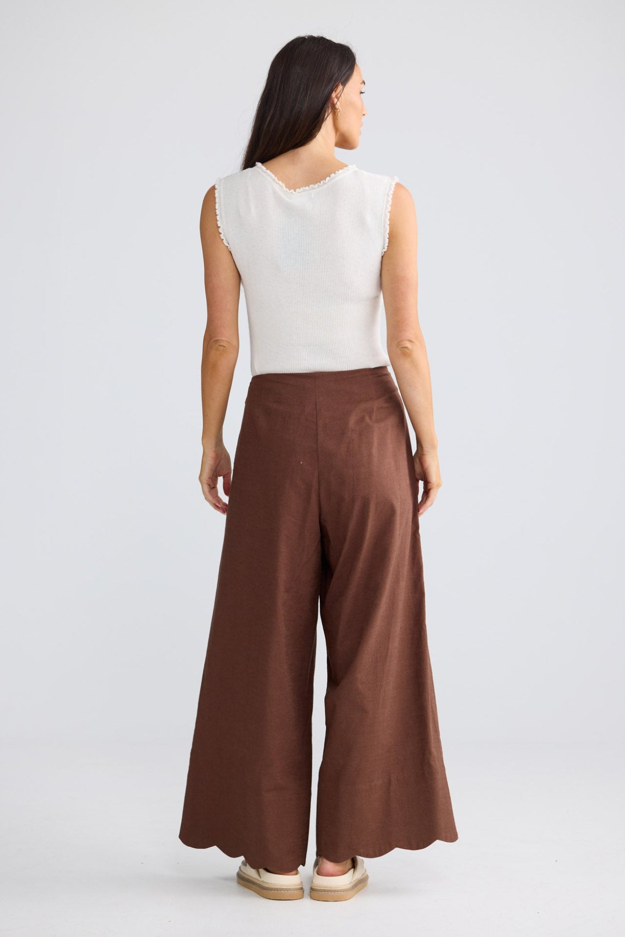 Model wearing Kenzie Pant in Coffee by Brave + True, view 3.