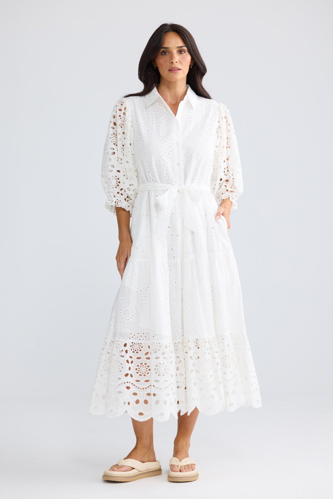 Model wearing Donnie Dress in White by Brave + True, view 4.