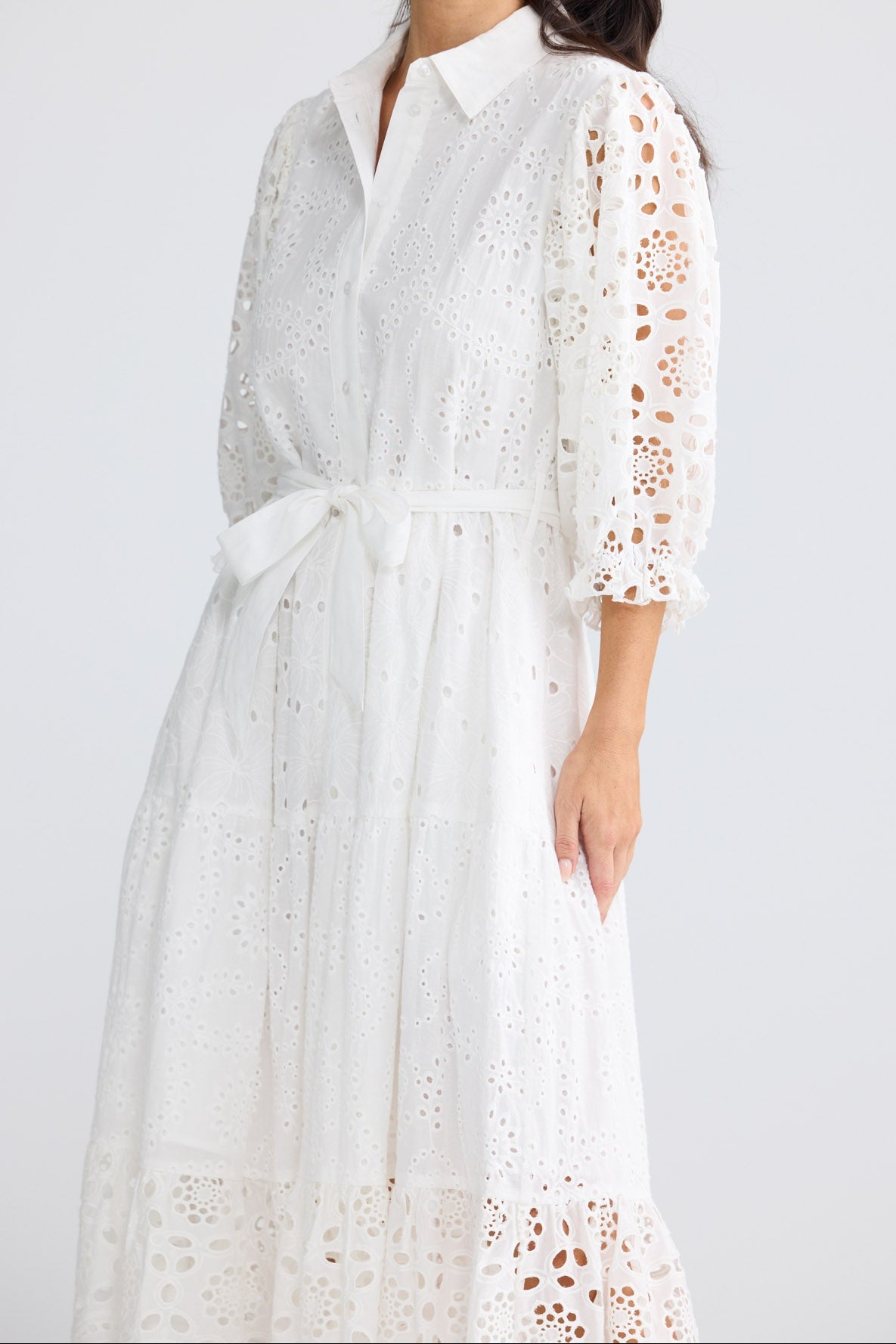 Model wearing Donnie Dress in White by Brave + True, view 2.