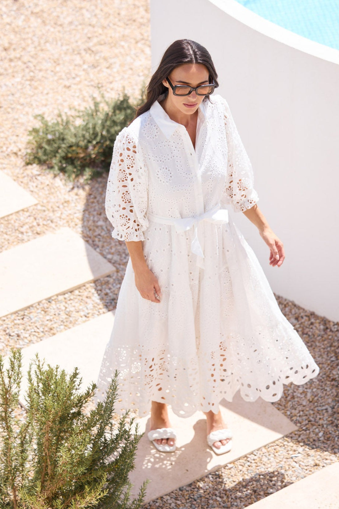 Model styling Donnie Dress in White by Brave + True, campaign lifestyle look 2.