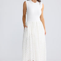 Daphne Dress in White, a knit bodice with a broderie maxi skirt, front view