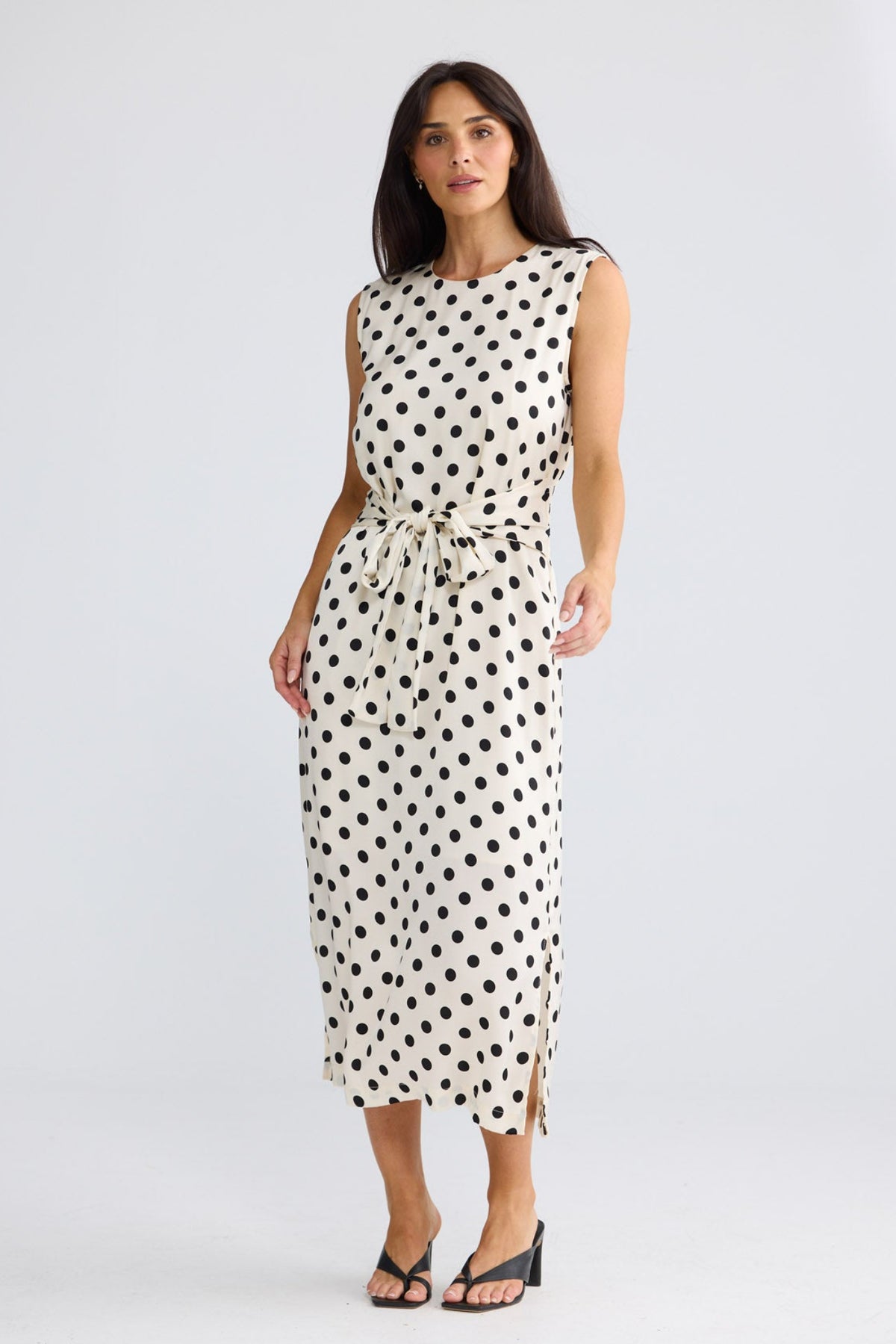 Model wearing Turning Point Dress in Ivory Spot by Brave + True, view 4.