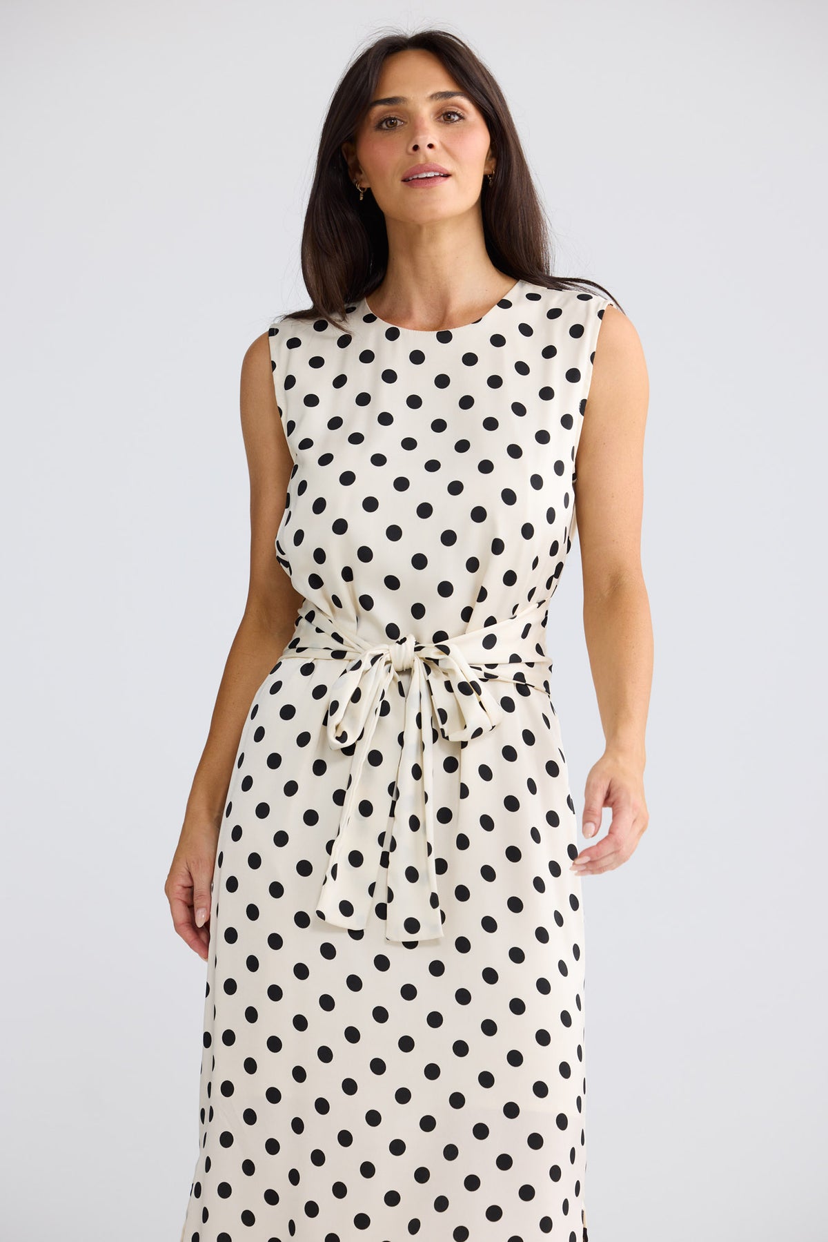 Model wearing Turning Point Dress in Ivory Spot by Brave + True, view 3.
