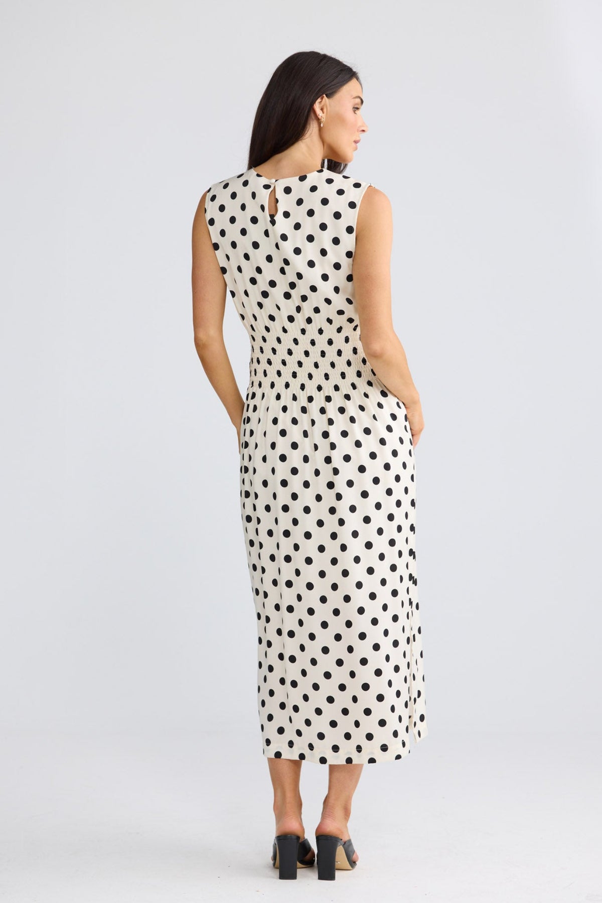 Model wearing Turning Point Dress in Ivory Spot by Brave + True, view 2.