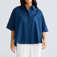 Model wearing Rachel Shirt in Navy by Brave + True, view 2.