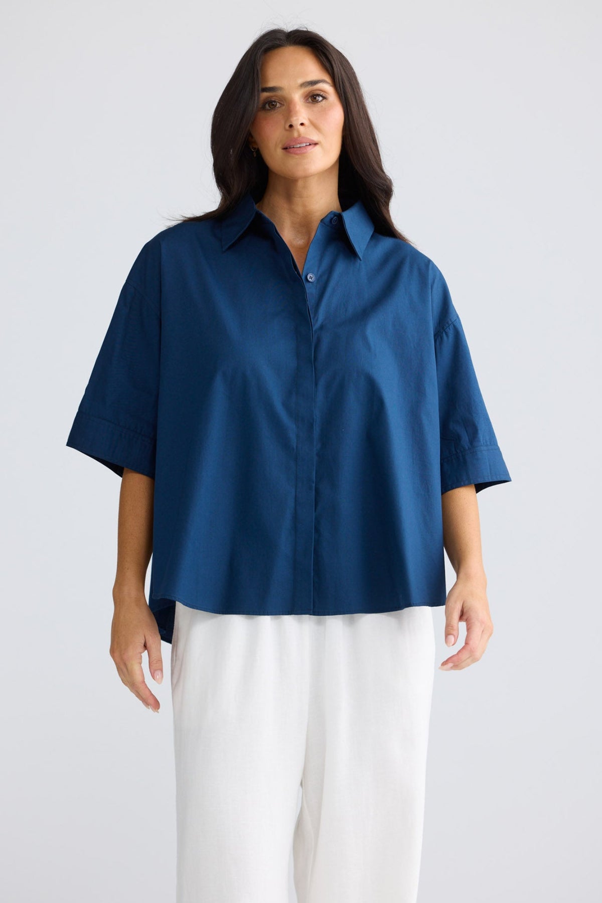 Model wearing Rachel Shirt in Navy by Brave + True, view 2.