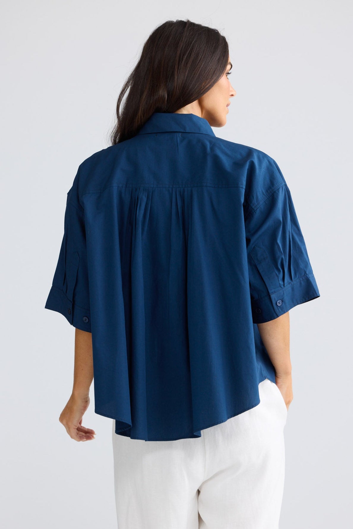 Model wearing Rachel Shirt in Navy by Brave + True, view 3.
