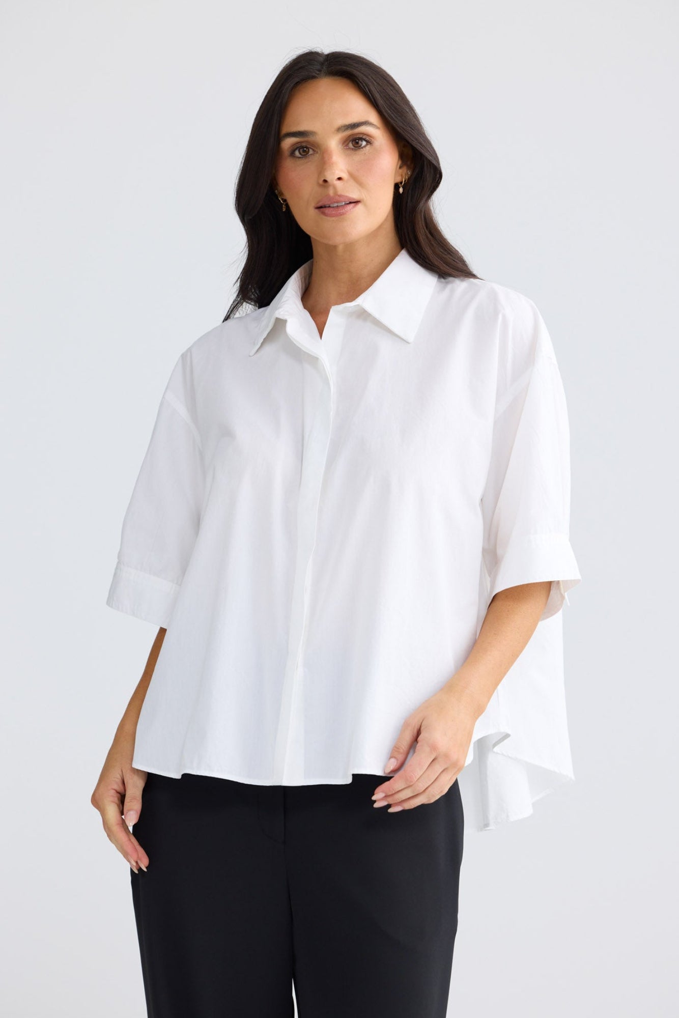 Model wearing Rachel Shirt in White by Brave + True, view 3.