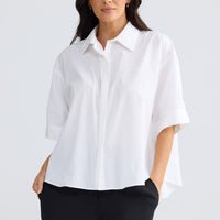 Model wearing Rachel Shirt in White by Brave + True, view 2.