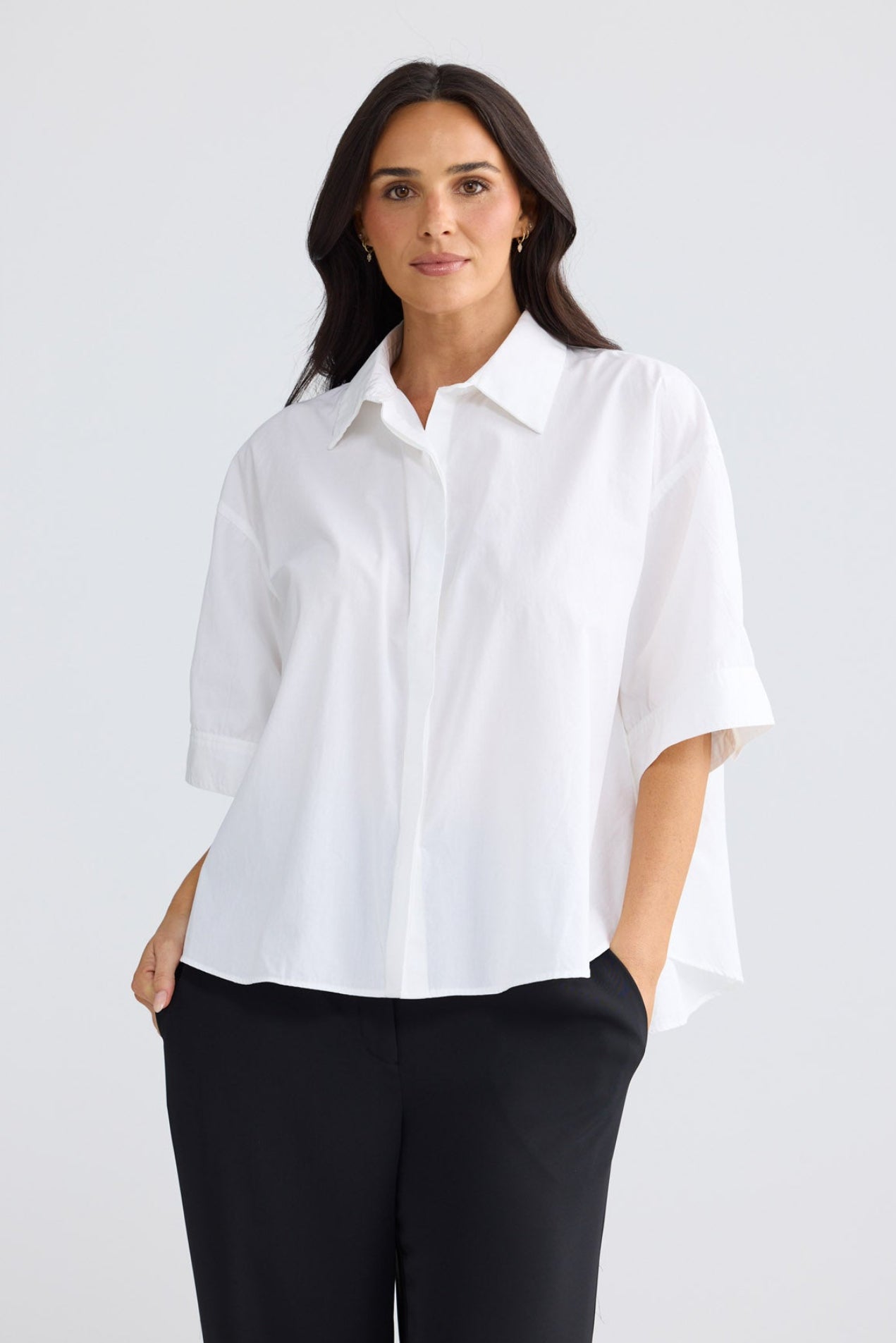 Model wearing Rachel Shirt in White by Brave + True, view 2.