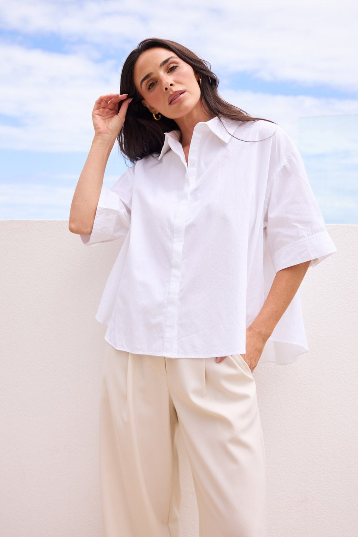 Model styling Rachel Shirt in White by Brave + True, campaign lifestyle look 2.