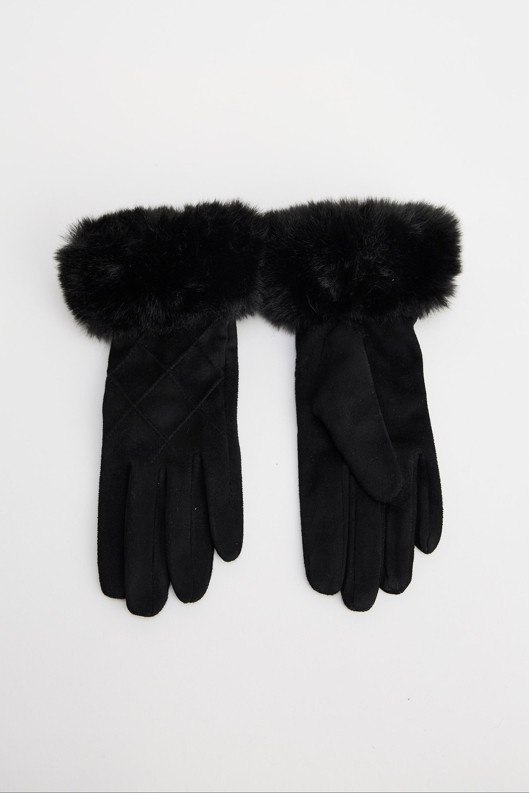 Pair of black gloves with fur cuffs on a white background