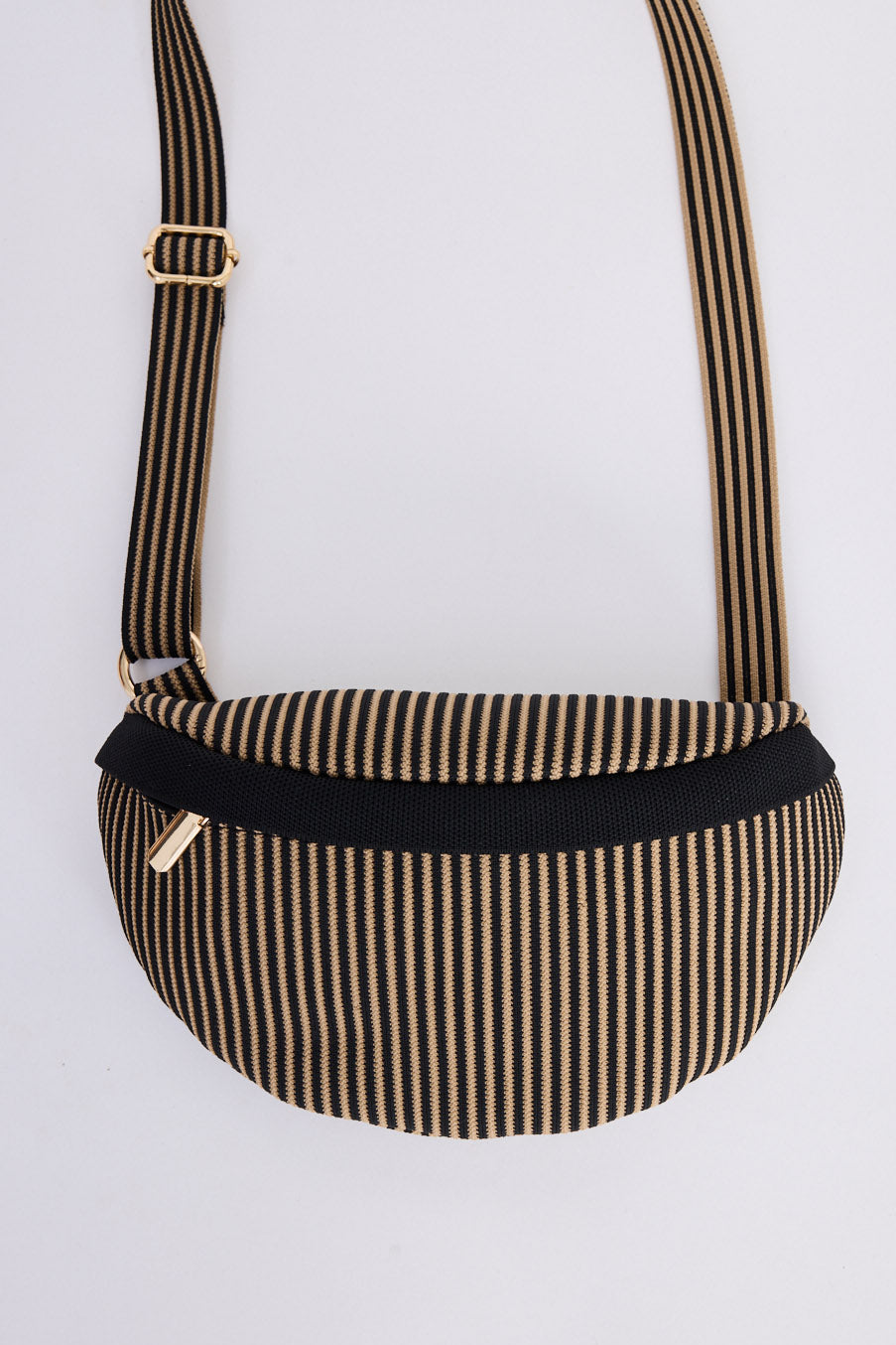 Delphi Bumbag - Black bum bag in black with stripe detailing, alternate view.