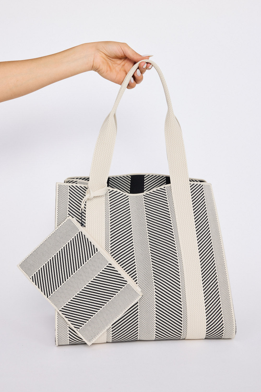 Bellagio Tote Bag - Black tote bag in black with geometric weave, alternate view.