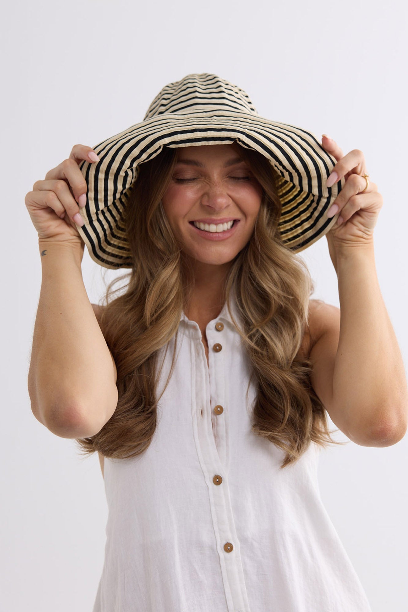 Kelsie Bucket Hat in black, front view.