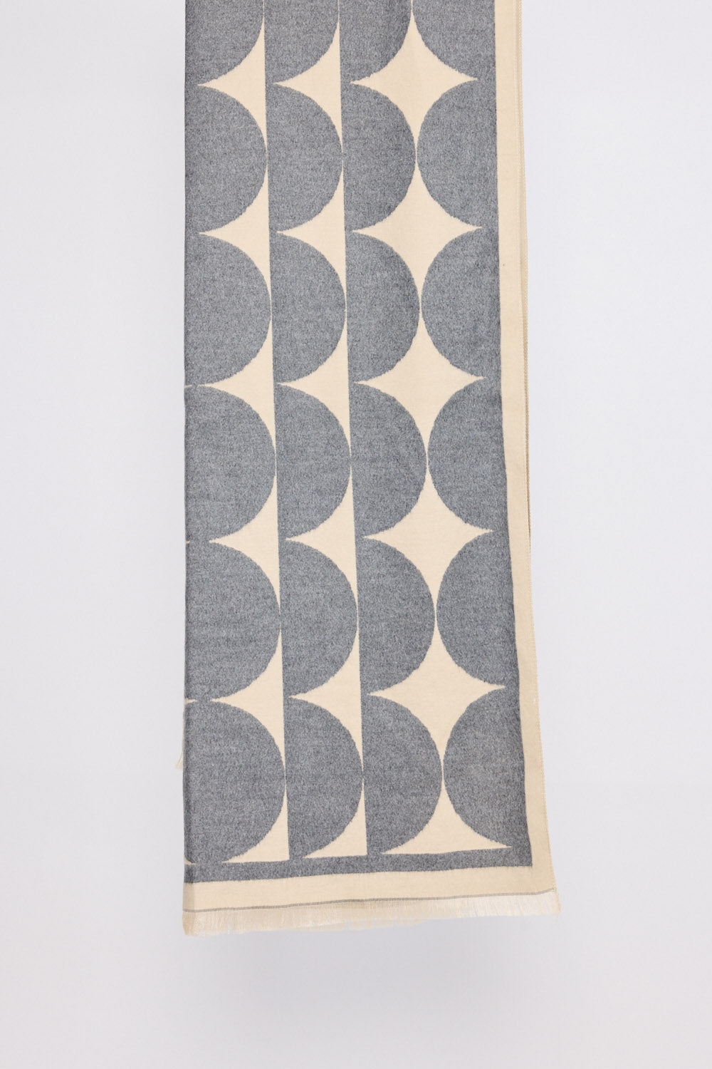 Paloma Scarf - Grey scarf in grey with geometric weave, front view on white background