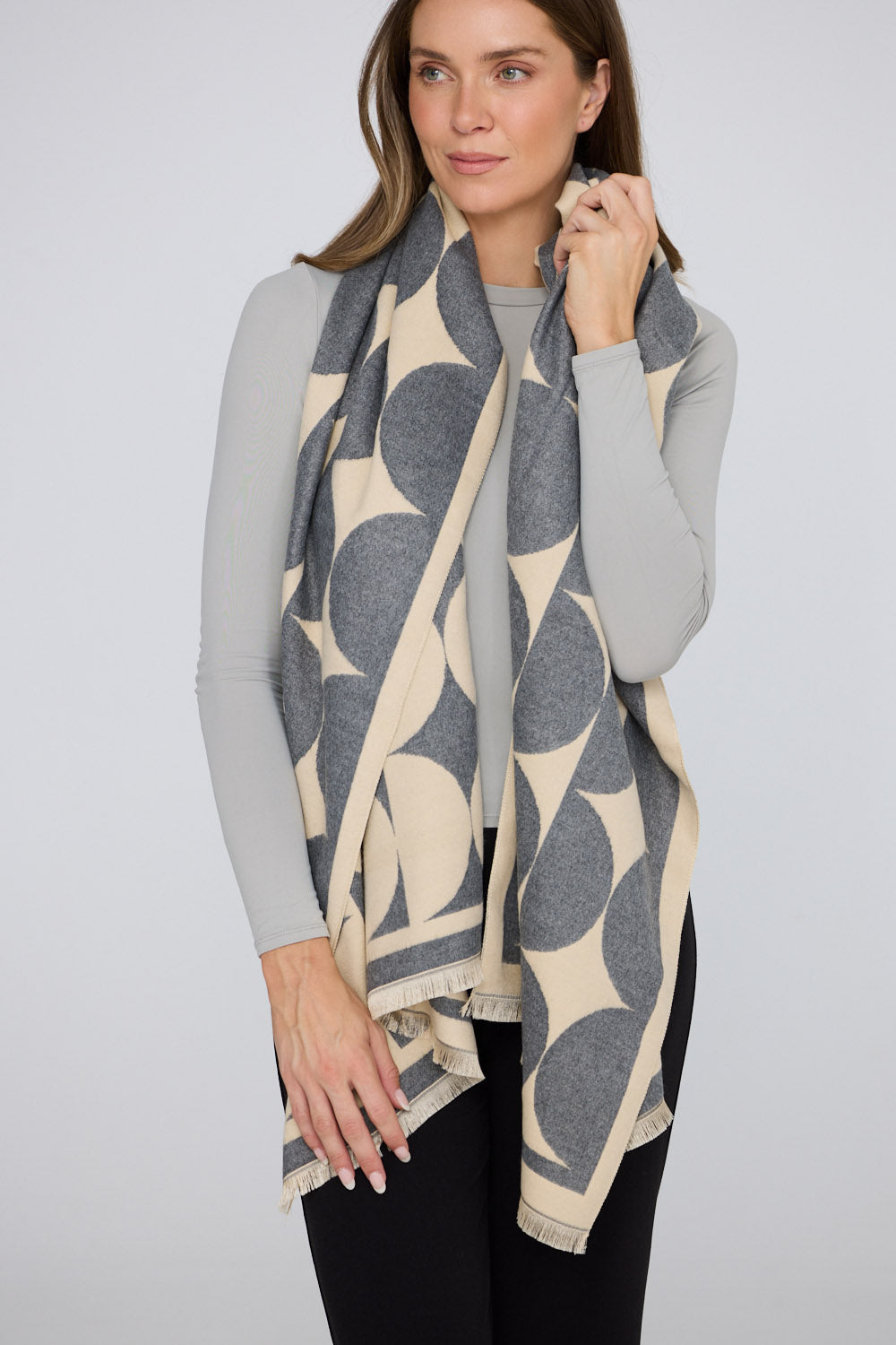 Paloma Scarf - Grey scarf in grey with geometric weave, alternate view on white background