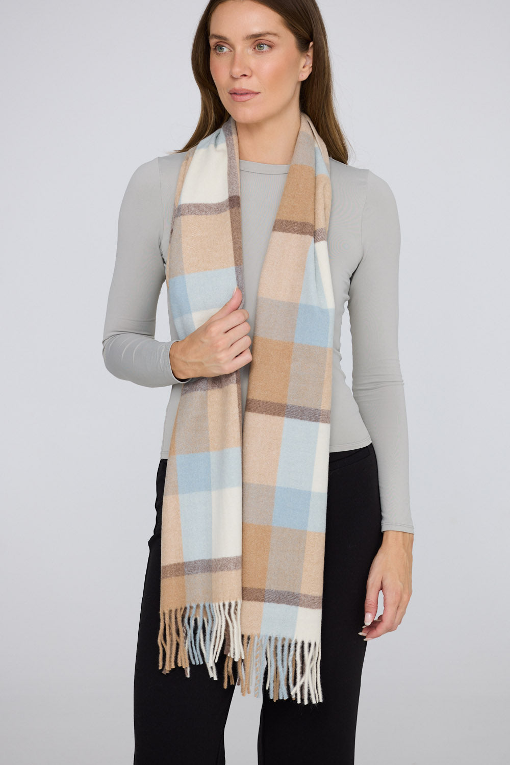Haze Scarf - Blue scarf in blue with check pattern, alternate view on white background