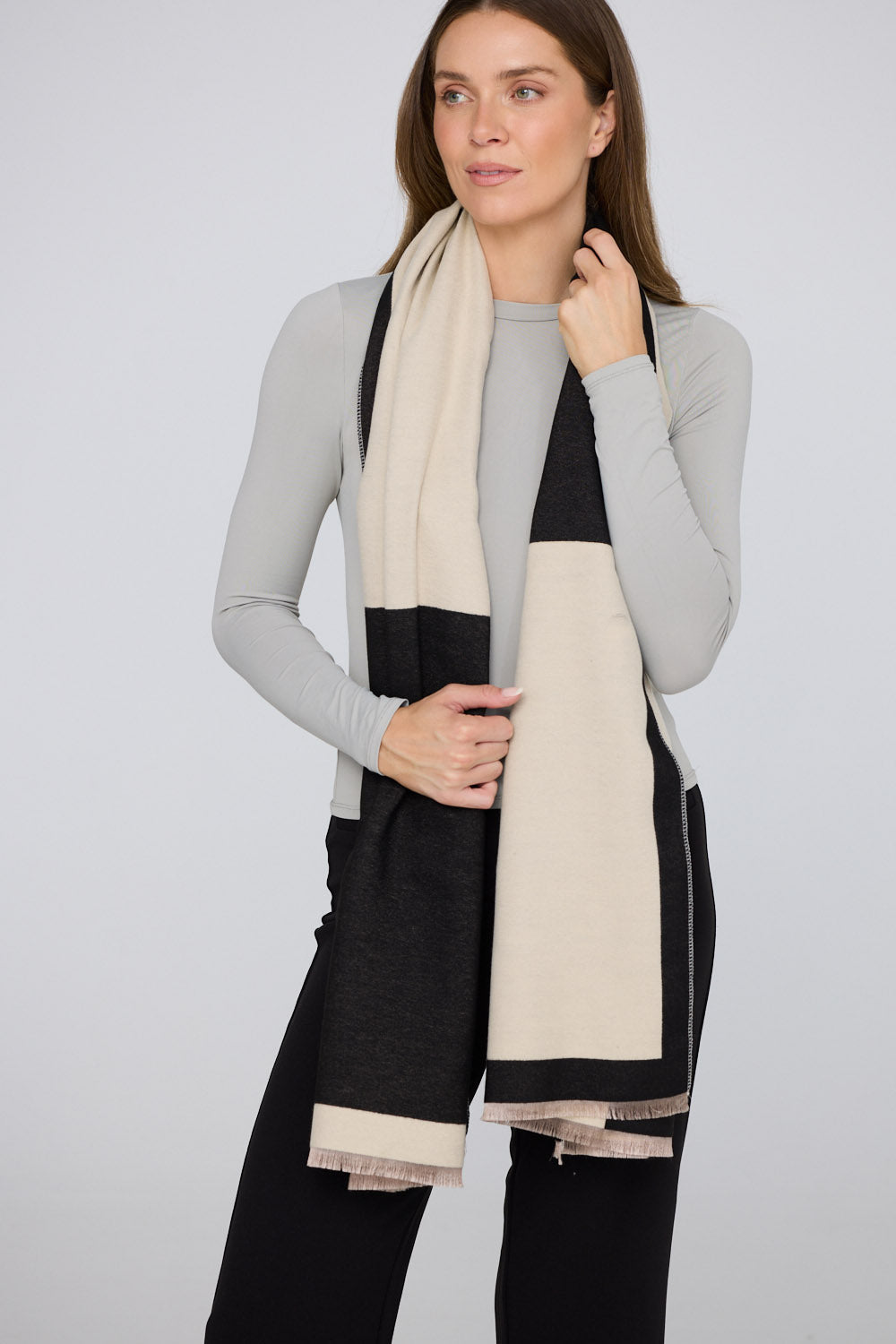 Indra Scarf - Beige W Black scarf in beige with black with colour-block design, alternate view on white background