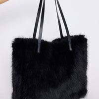 Luna Tote Bag - Black tote bag in black with faux fur texture, front view.