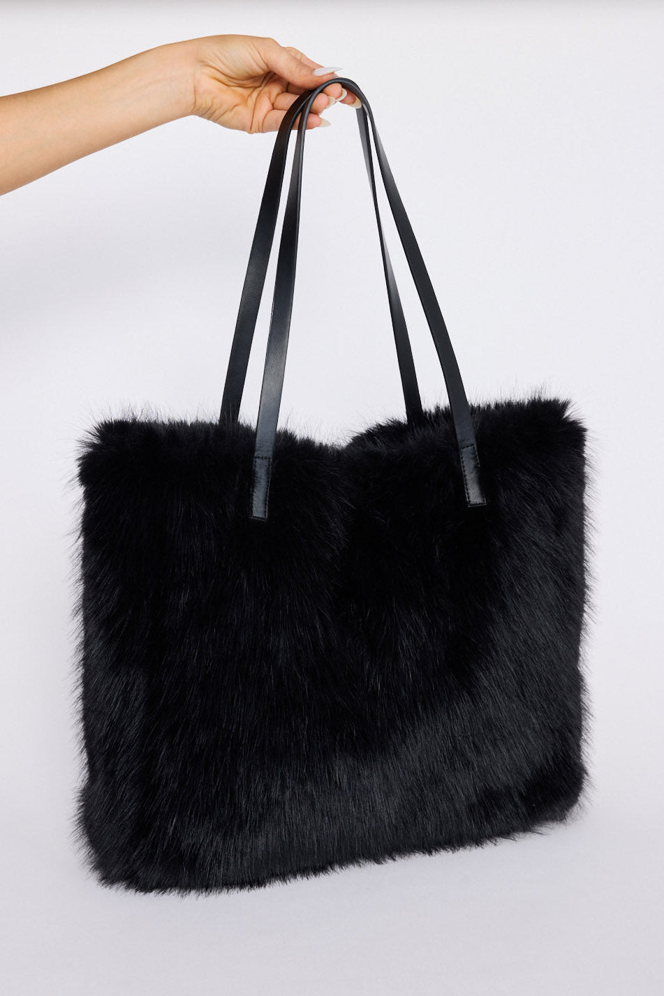 Luna Tote Bag - Black tote bag in black with faux fur texture, front view.