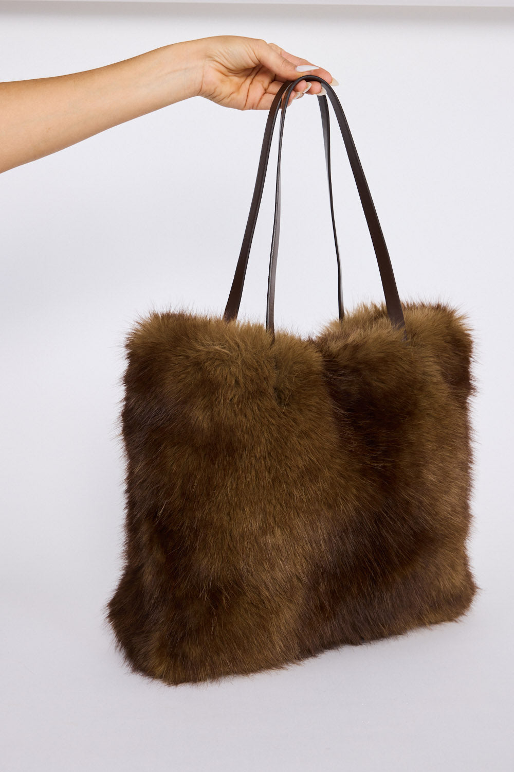 Luna Tote Bag - Brown tote bag in brown with faux fur texture, front view.