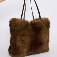 Luna Tote Bag - Brown tote bag in brown with faux fur texture, alternate view.
