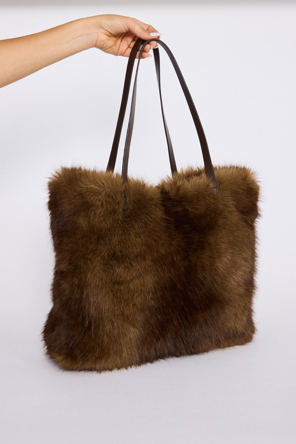 Luna Tote Bag - Brown tote bag in brown with faux fur texture, alternate view.
