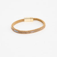 Harper Bracelet in gold-tone finish, showing the camel suede band, row of iridescent crystals, ball-chain trim and magnetic clasp