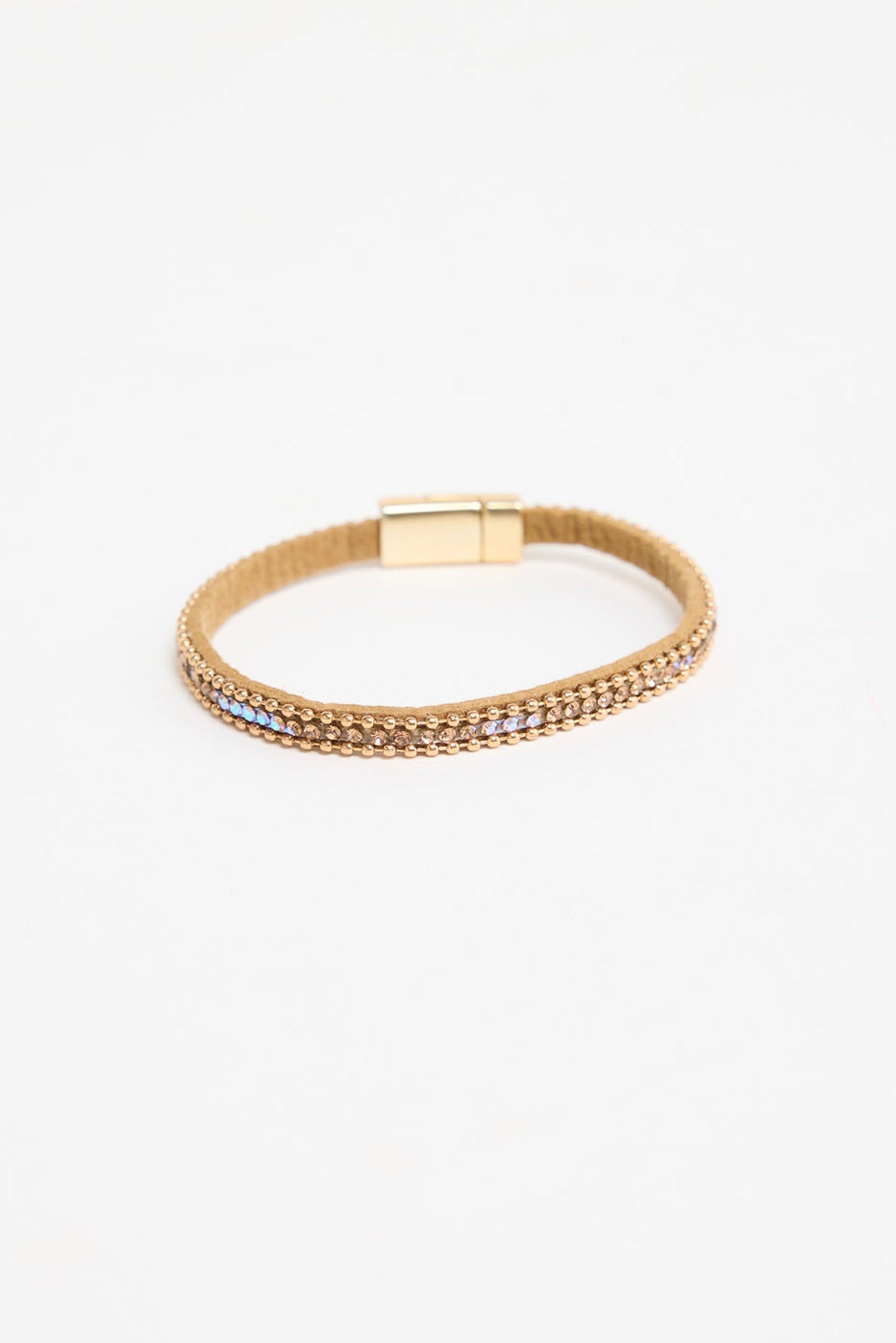 Harper Bracelet in gold-tone finish, showing the camel suede band, row of iridescent crystals, ball-chain trim and magnetic clasp