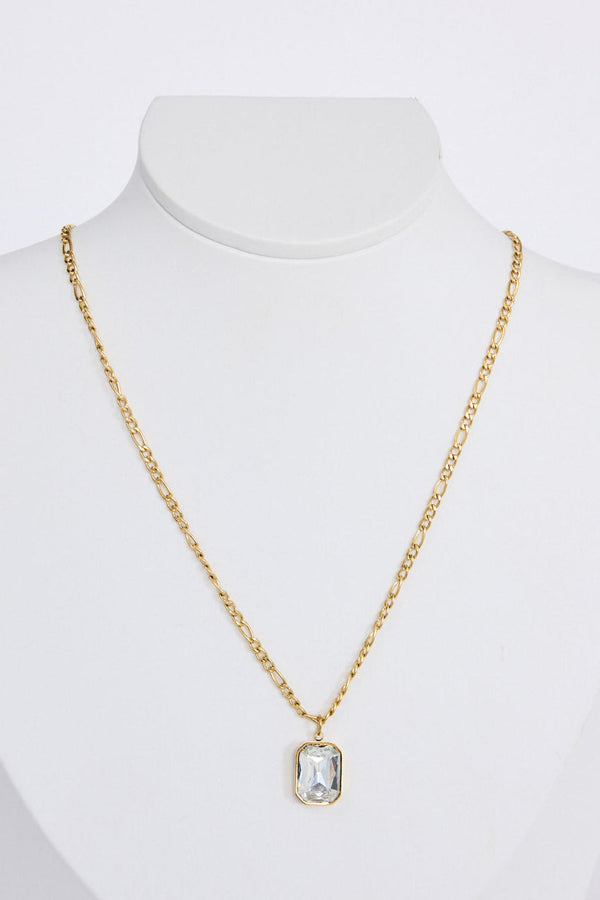 Bovina Necklace in clear with a faceted rectangular pendant, front view.