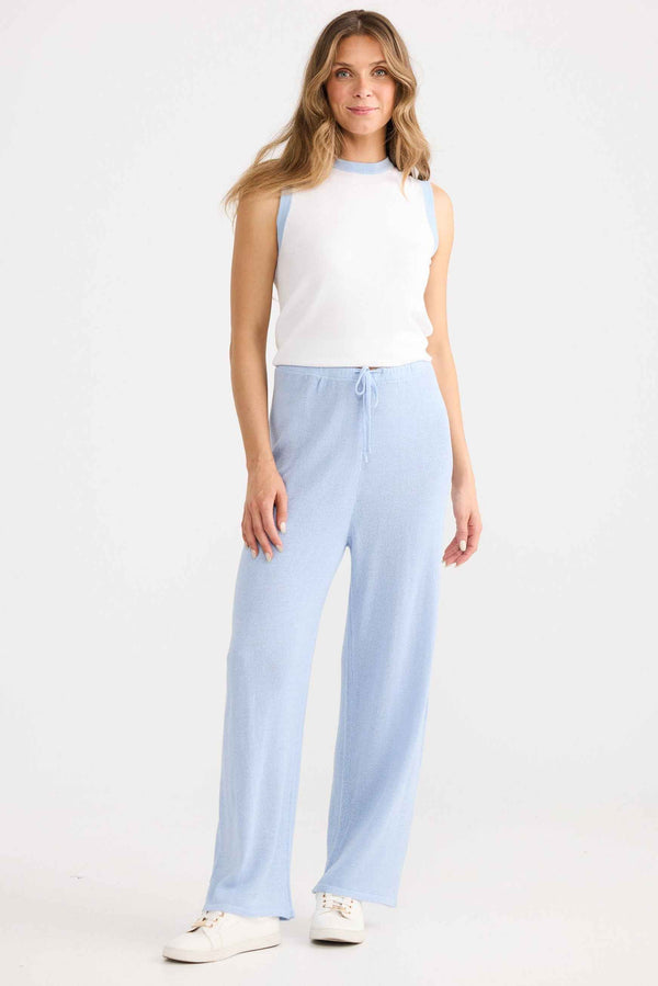 Model wearing Ruthie Knit Pant in powder blue.