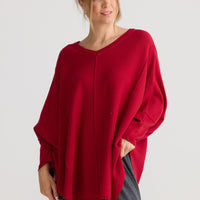 Chill Top in scarlet, showing v-neckline.