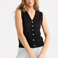 Model wearing Etta Knit Vest in black.