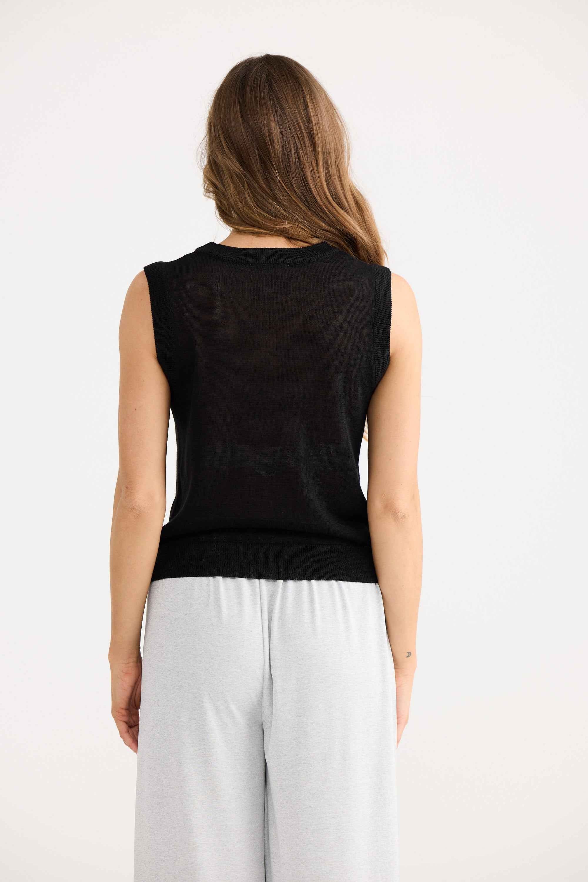 Etta Knit Vest in black, showing v neckline and ribbed trim.