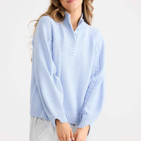 Model wearing Roomate Knit in powder blue.