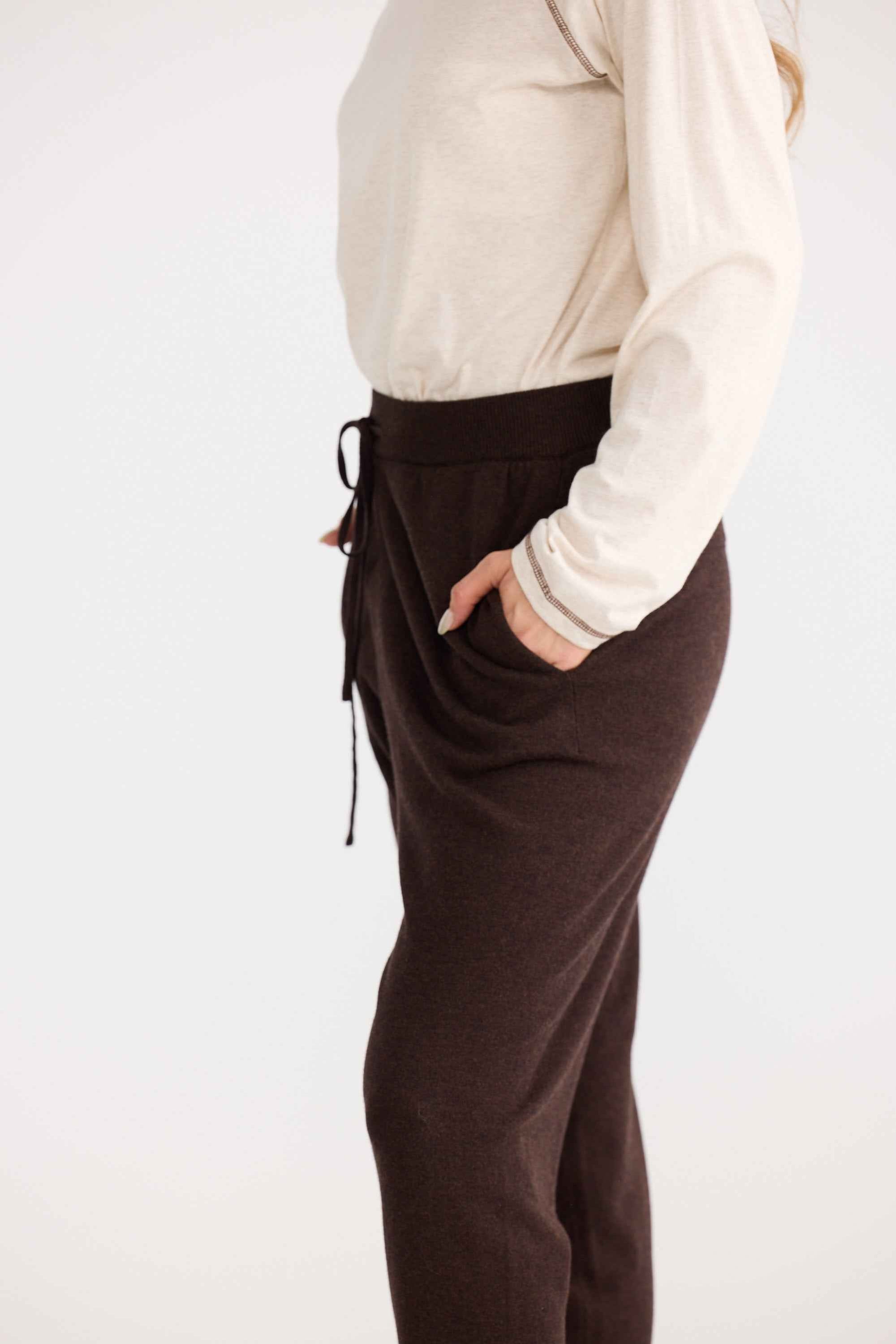 Woodside Pant in chocolate, showing drawstring waist.
