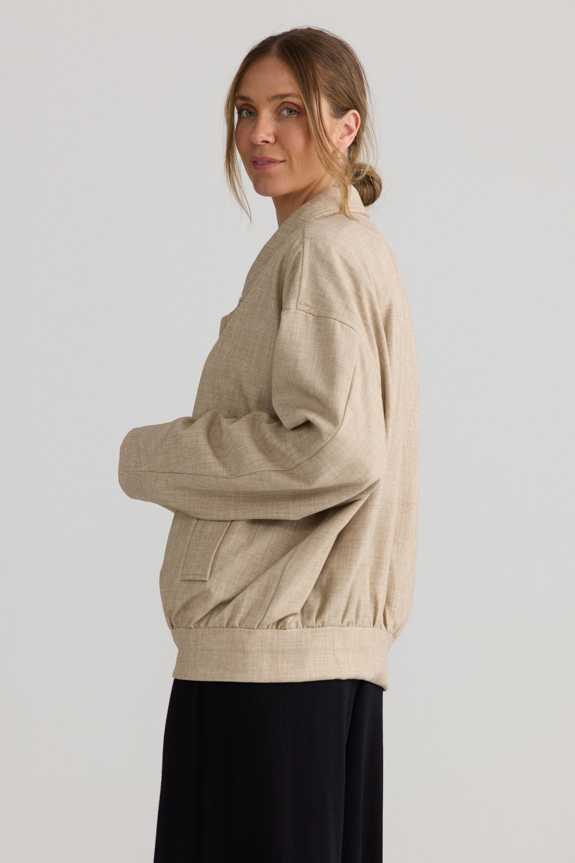 Edie Jacket in stone, showing layered jacket shape.