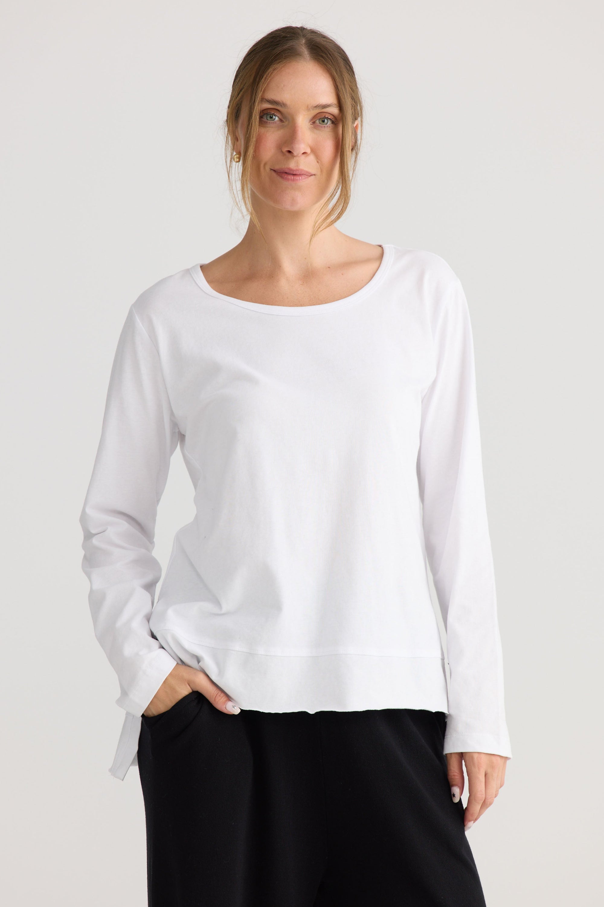 Faye Lounge Tee in white, showing relaxed top shape.