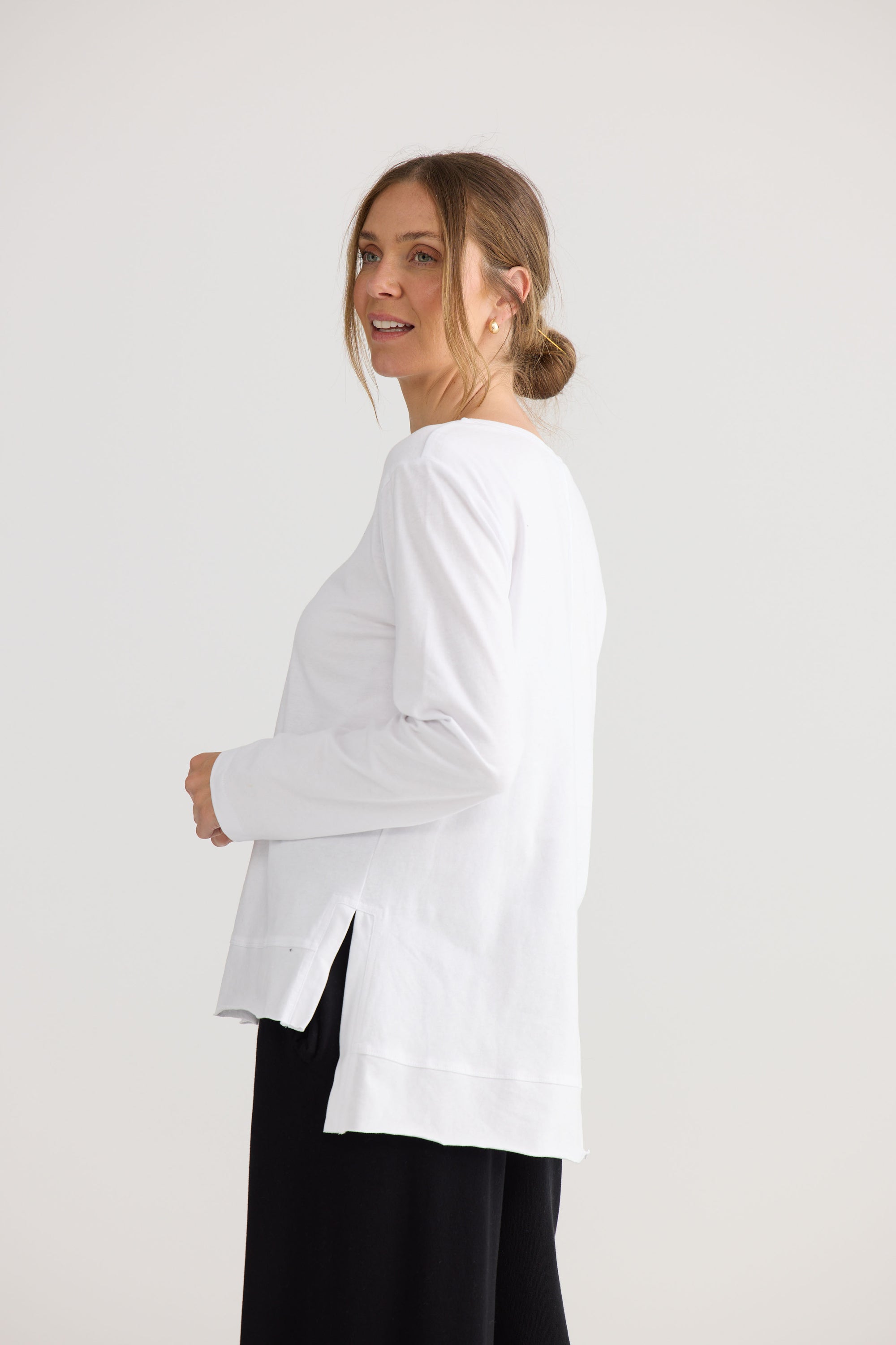 Faye Lounge Tee in white, shown on model.