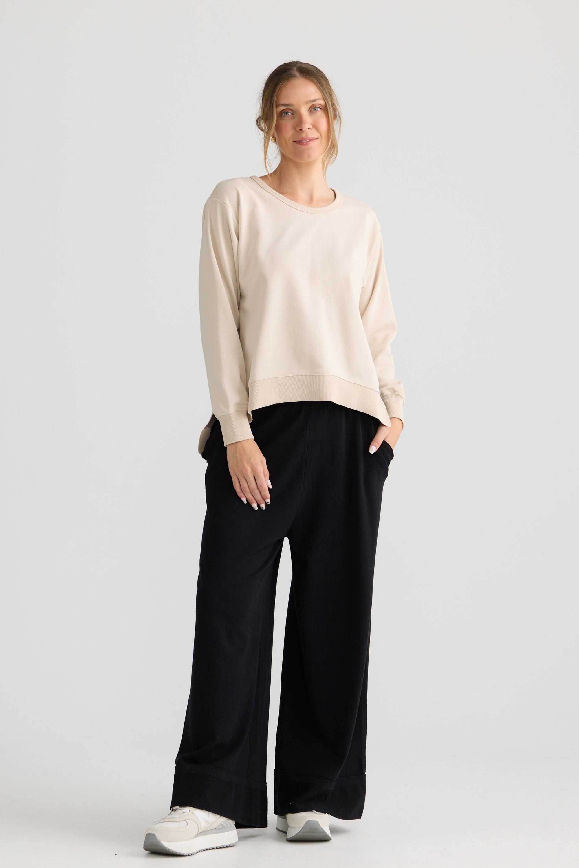 Faye Lounge Jumper in oat, showing knit texture.