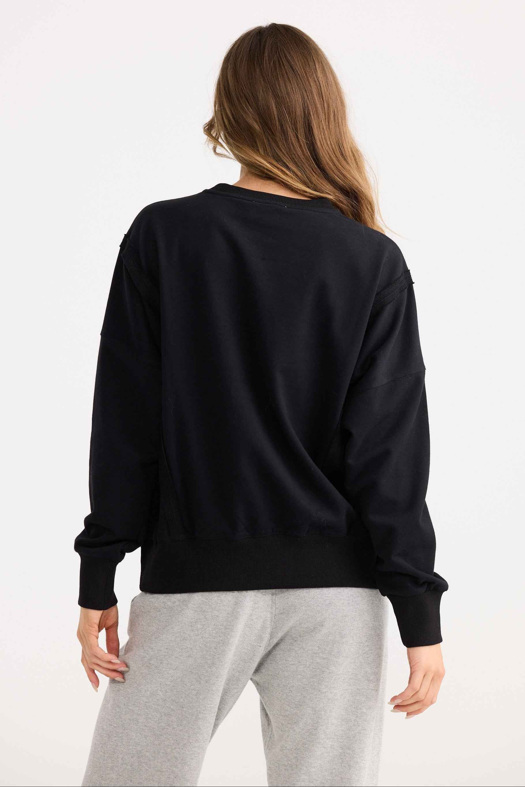Energy Sweater in black, showing crew neckline sweatshirt.