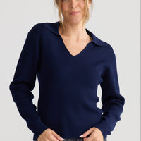 Model wearing Tilda Top in navy, showing relaxed top shape.