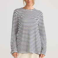 Sana LS Top in navy stripe, shown on model.